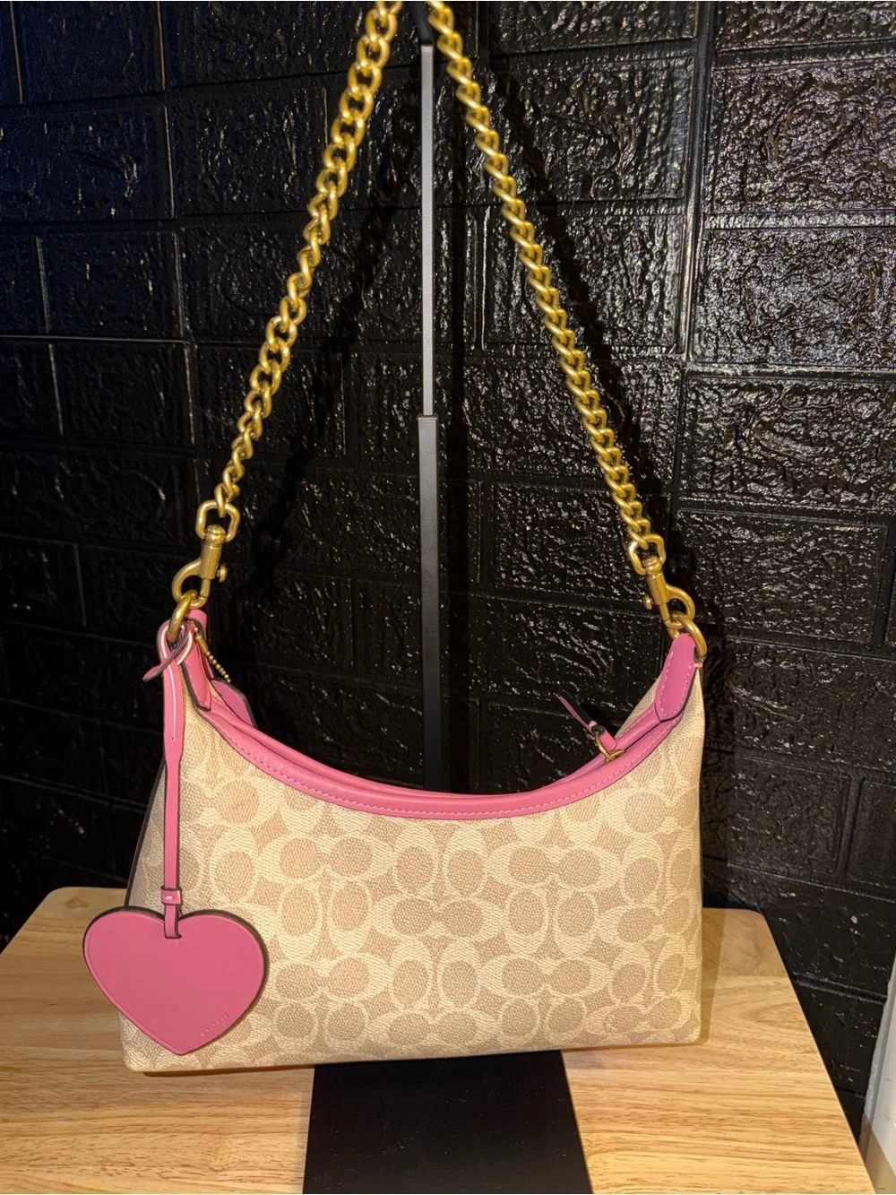 Coach Beige Signature Canvas Shoulder Bag with Pink Trim and Gold Chain